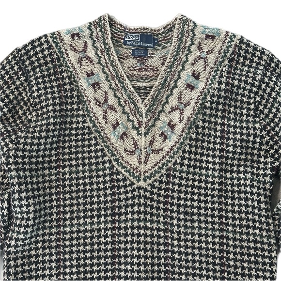 Vintage Polo Ralph Lauren Fair Isle Houndstooth Knit Sweater Wool Silk Linen M - Picture 3 of 8
